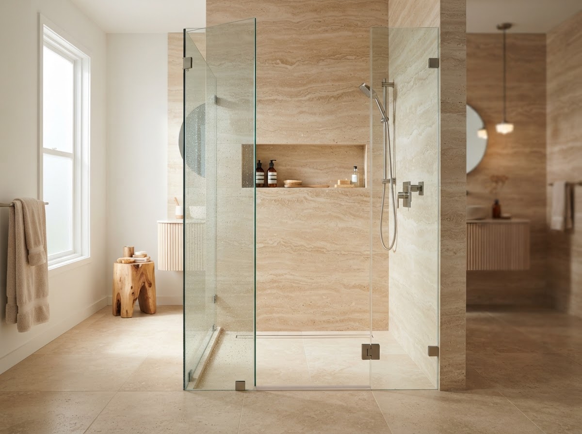 Low-threshold walk-in shower with seamless entry and frameless glass panels