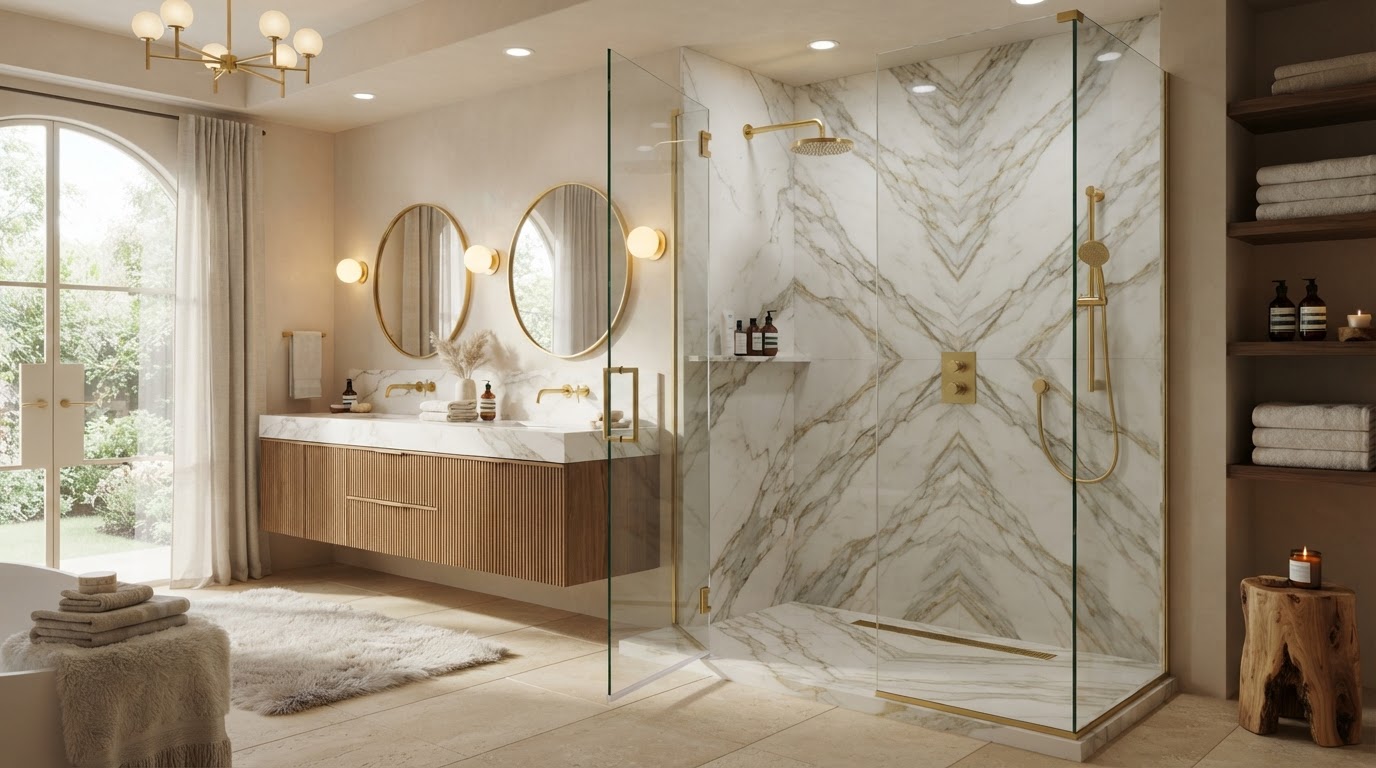 Custom slab shower with large-format stone-veined walls and frameless glass enclosure