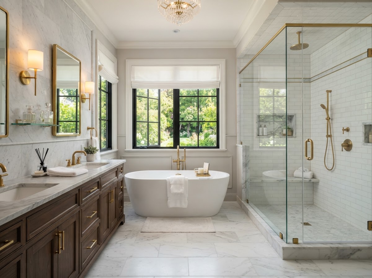 Elegant bathroom remodel in Coeur d'Alene with walk-in shower and freestanding tub