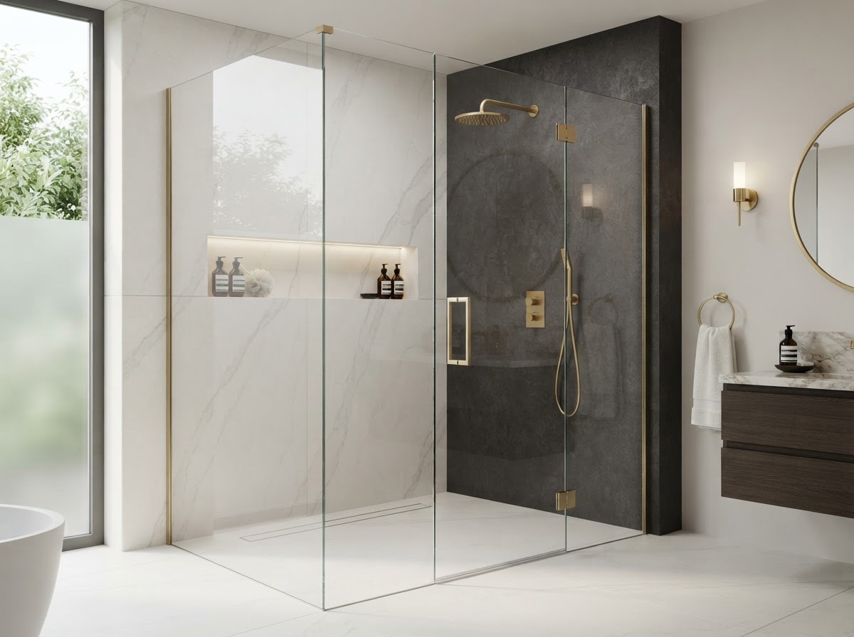 Premium slab shower with large-format stone surface