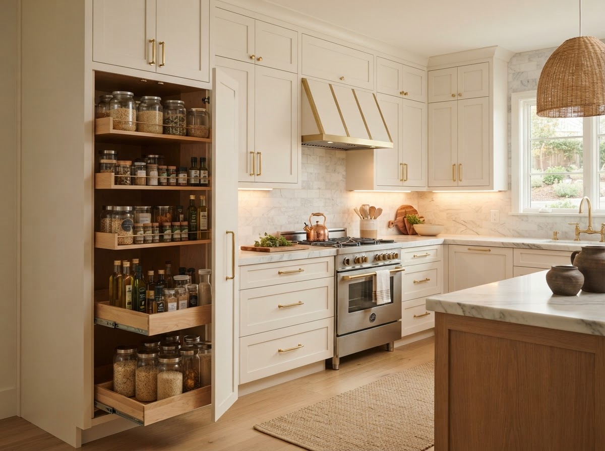 Kitchen cabinetry and countertop remodeling with warm white shaker cabinets and gold hardware