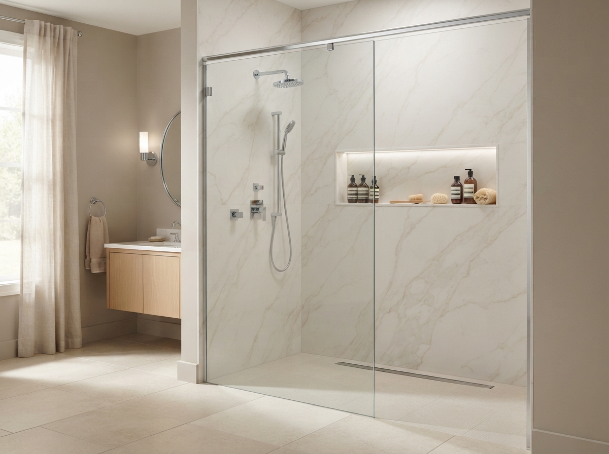 Walk-in shower installation with open glass enclosure and large-format slab walls