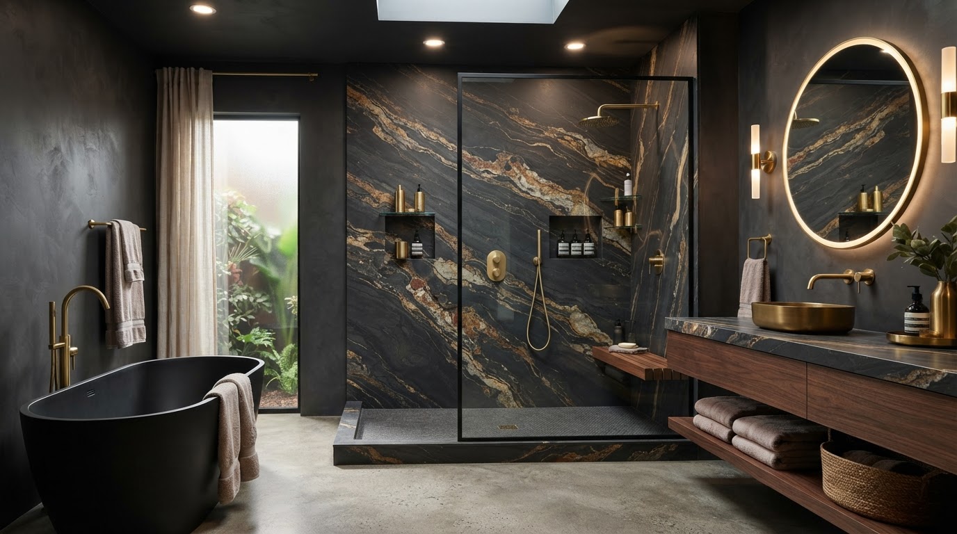 Premium large-format slab shower walls with dramatic stone veining in a luxury bathroom