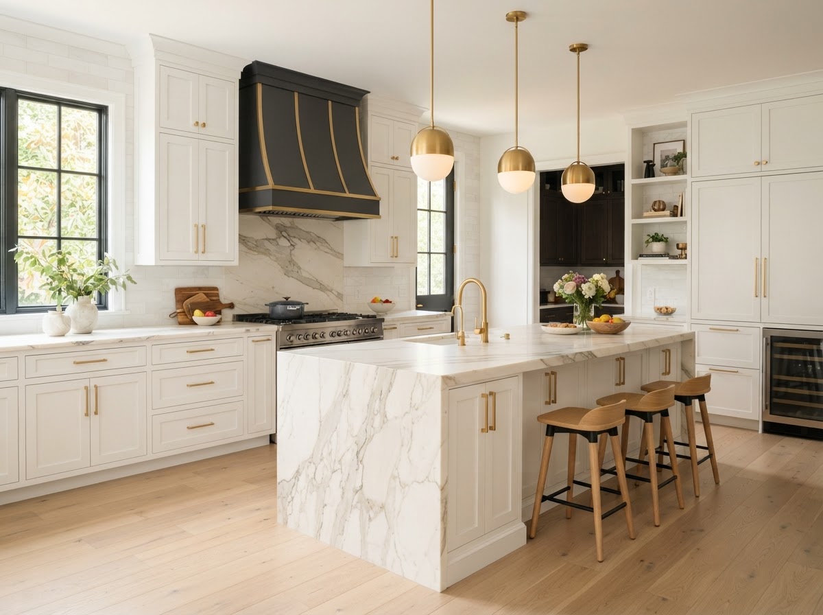 Kitchen remodel with white cabinetry, gold hardware, and stone surfaces