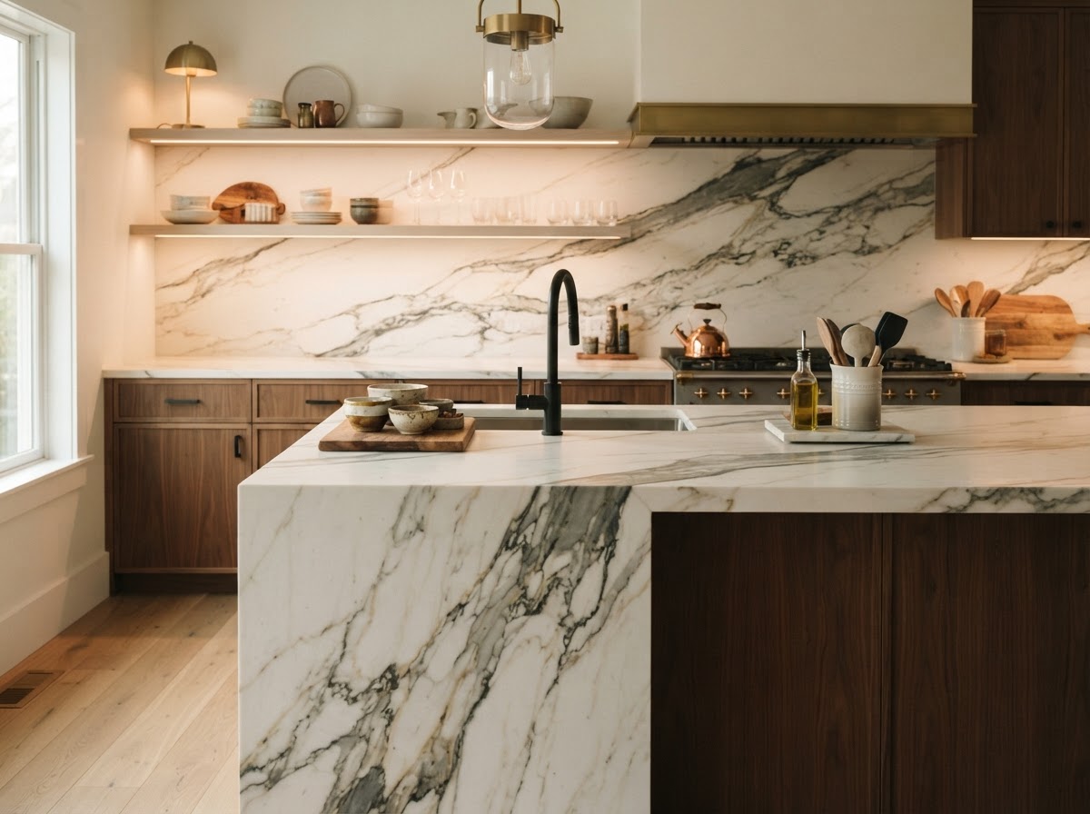 Kitchen countertop and backsplash with large-format slab surface and coordinating finishes