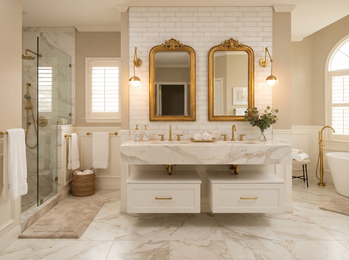 Remodeled bathroom with marble vanity and gold fixtures in Coeur d'Alene