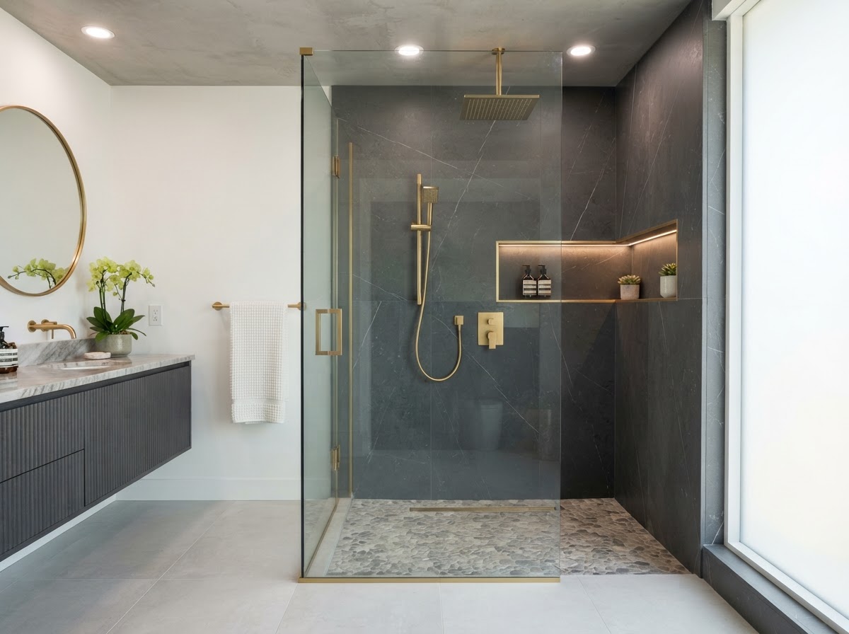 Modern walk-in shower remodel with stone slab walls and gold fixtures