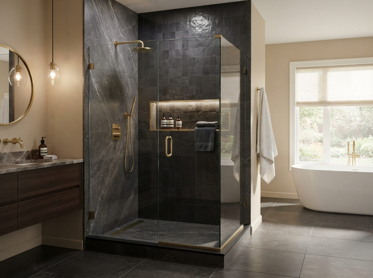 Walk-in shower with large-format stone walls and built-in niche