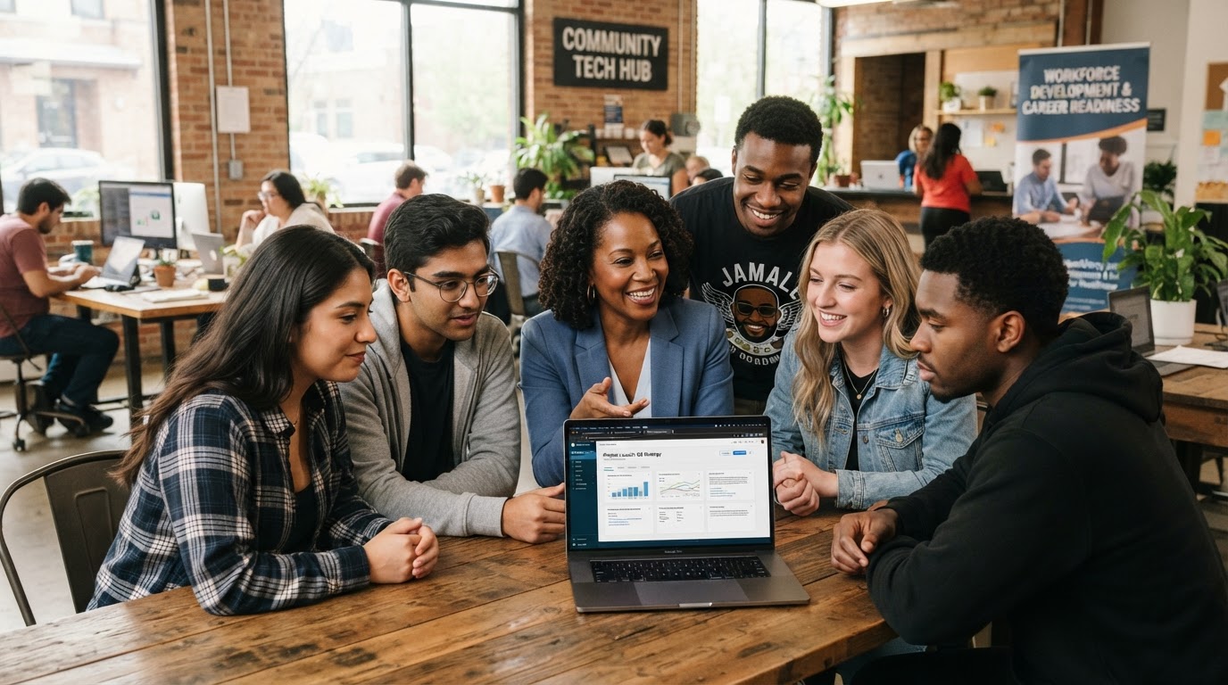 A mentor and young adults collaborating around a laptop in a bright workforce training space