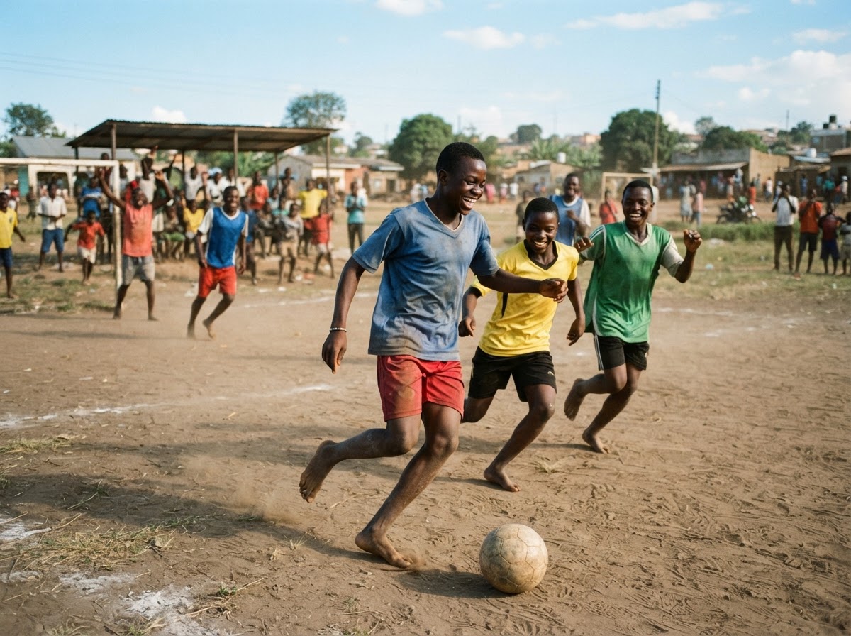 Youth soccer players and mentors in a community sports program