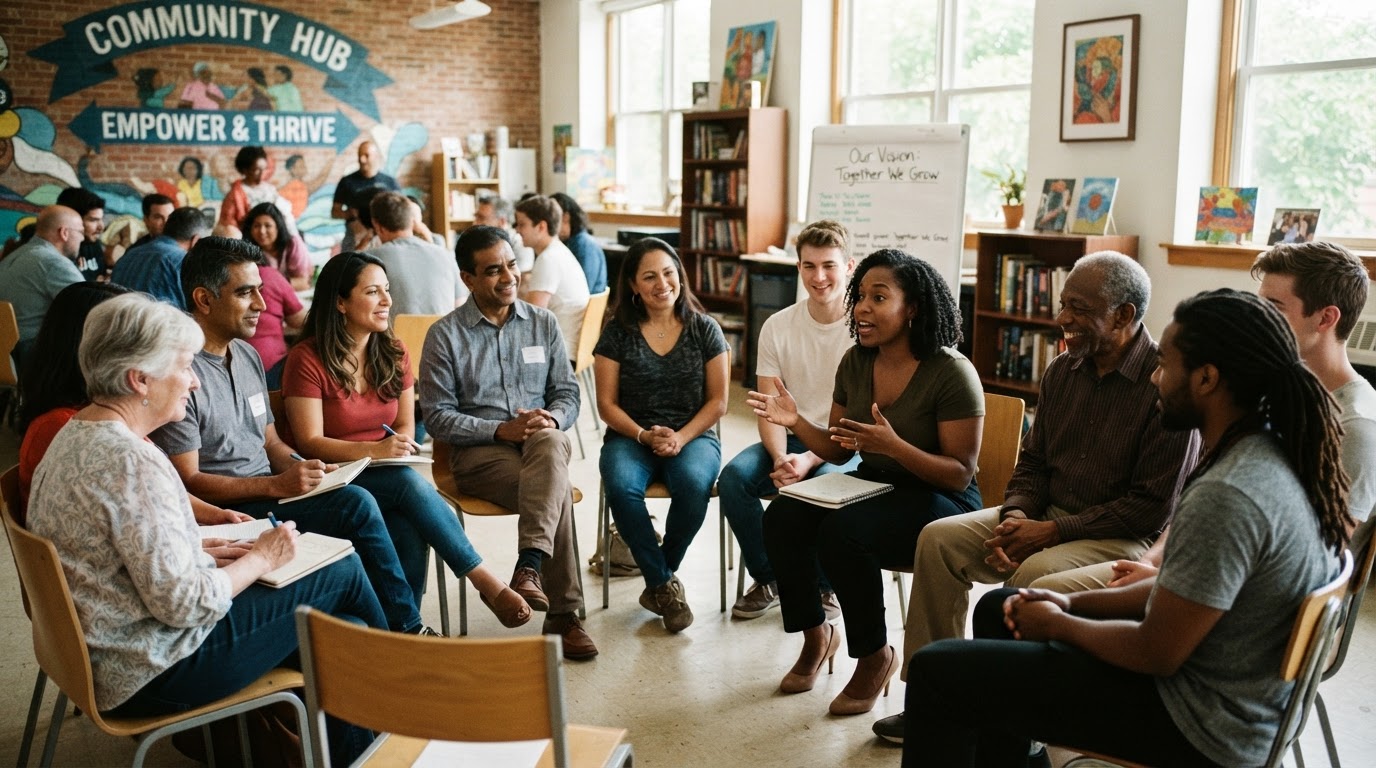 Diverse community members gathered together in a bright community center, sharing ideas and collaborating