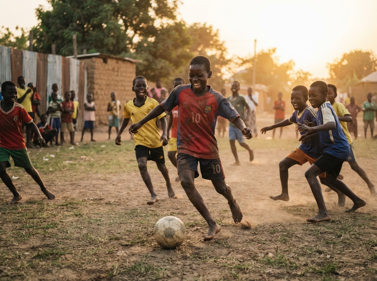 Young people playing soccer on a community field