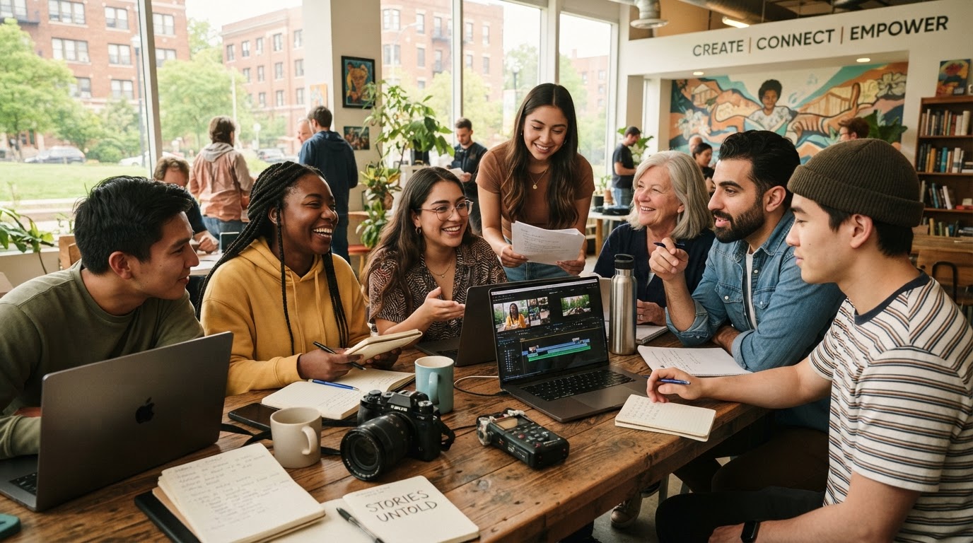 Diverse young creators collaborating around a table with laptops and cameras in a bright community space