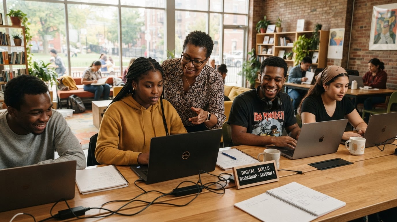 Young people learning digital literacy skills on computers in an IFI community education program