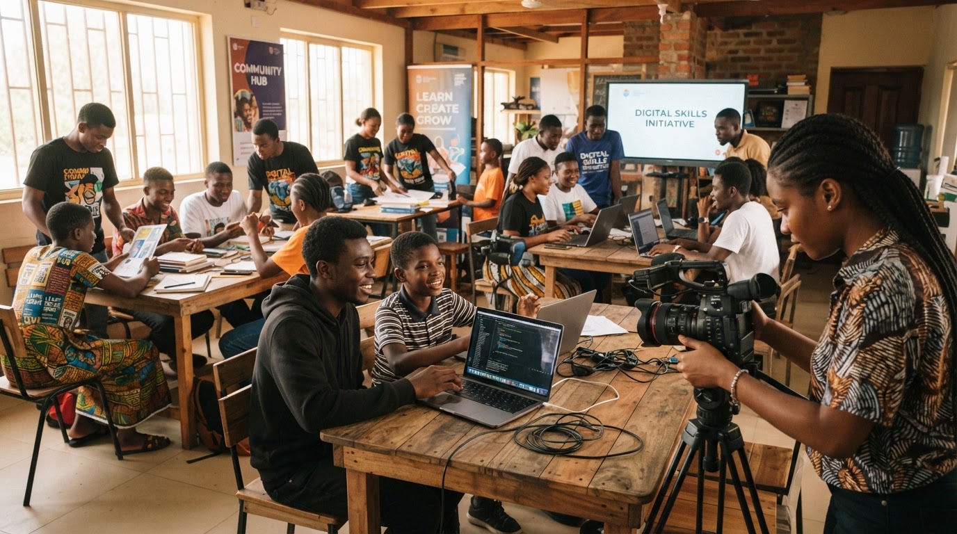 Diverse young people and mentors collaborating in a bright community learning space