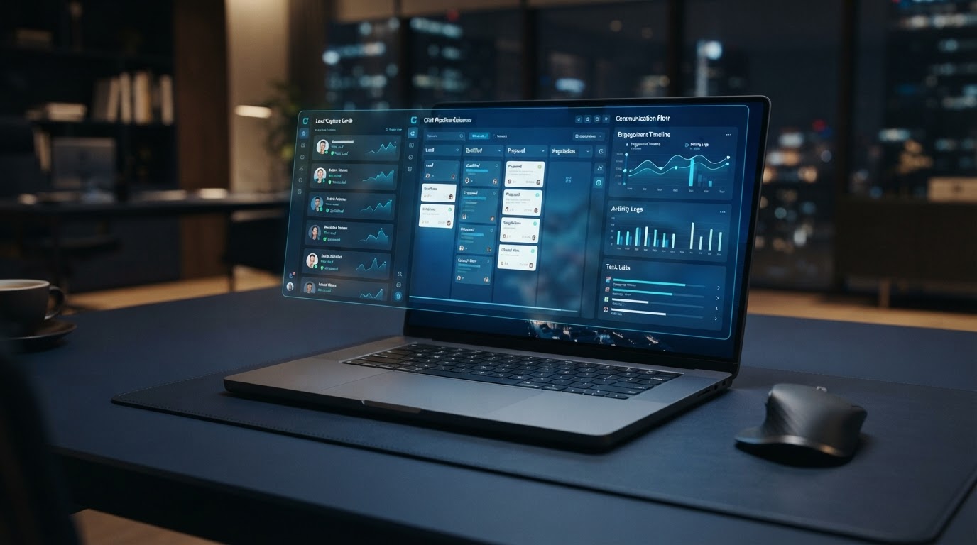 Clean business desk with laptop showing CRM pipeline and lead capture system