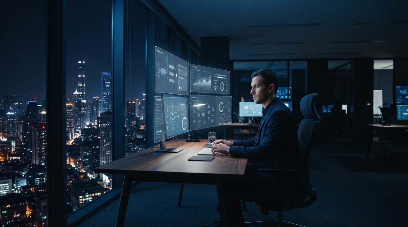 Modern command center office overlooking skyline with digital business systems displays
