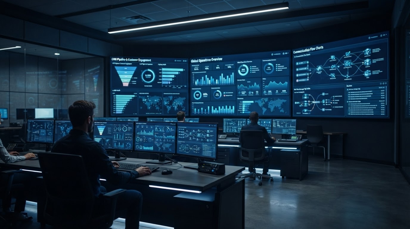 Business workspace with organized CRM pipeline and dashboard