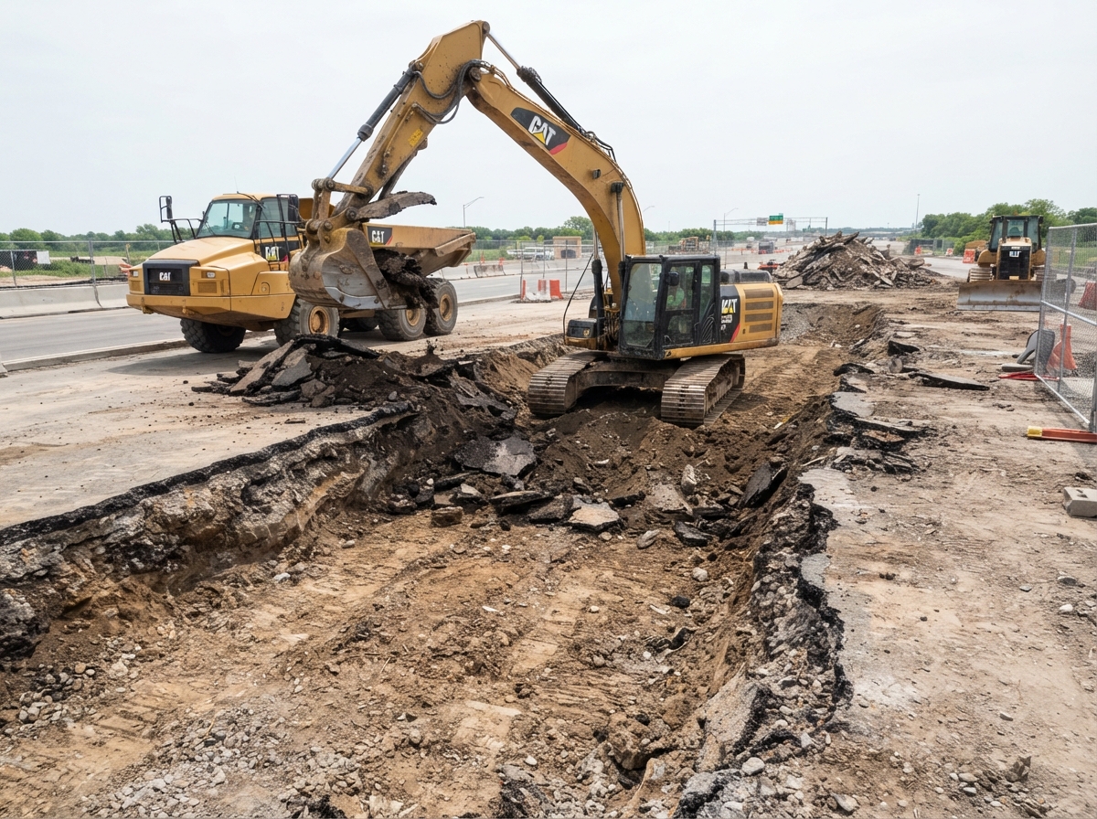 HER Asphalt crew and heavy paving machinery working on an active paving site