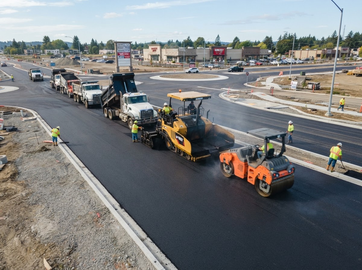 Completed asphalt road surface with smooth finish and clean edges