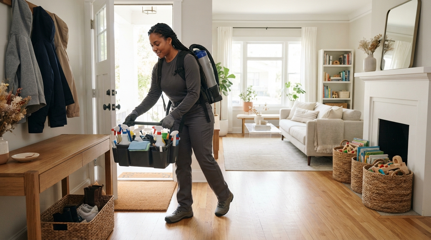 Tidy home with clear walking paths and organized belongings as a professional cleaner arrives.