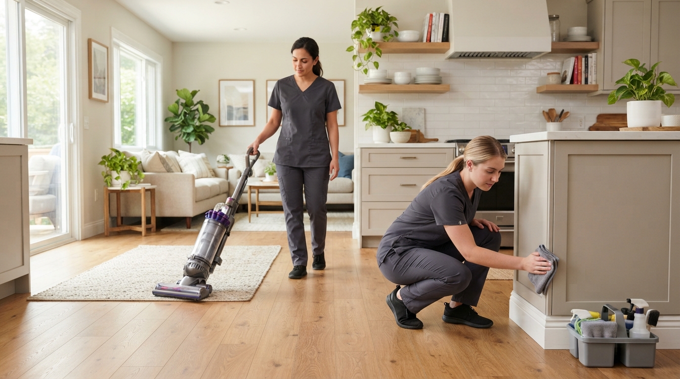 Professional cleaners demonstrating routine vacuuming and detailed baseboard cleaning in a maintained home.