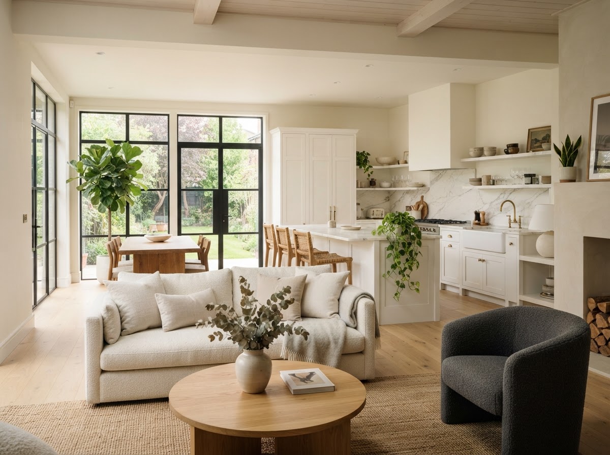 Bright, clean modern living room with natural light and neutral tones