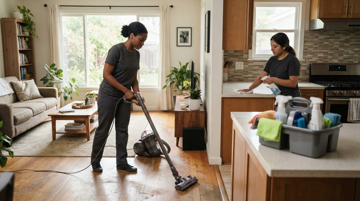 Professional cleaners performing routine vacuuming and kitchen surface cleaning in a maintained home.