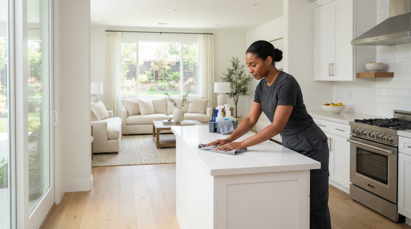 Professional cleaner preparing a bright staged home before real estate listing photos and showings.