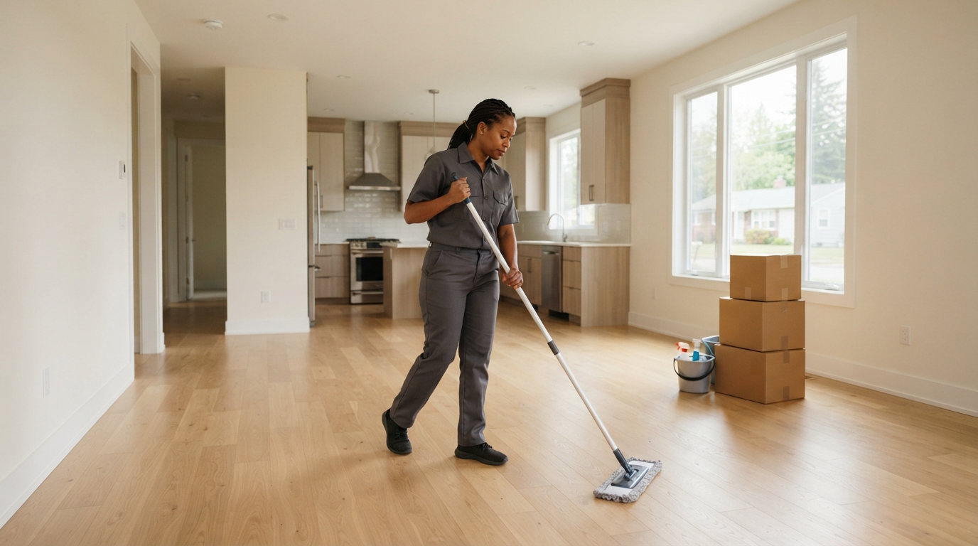 Professional cleaner mopping an empty home with moving boxes nearby before move-in.