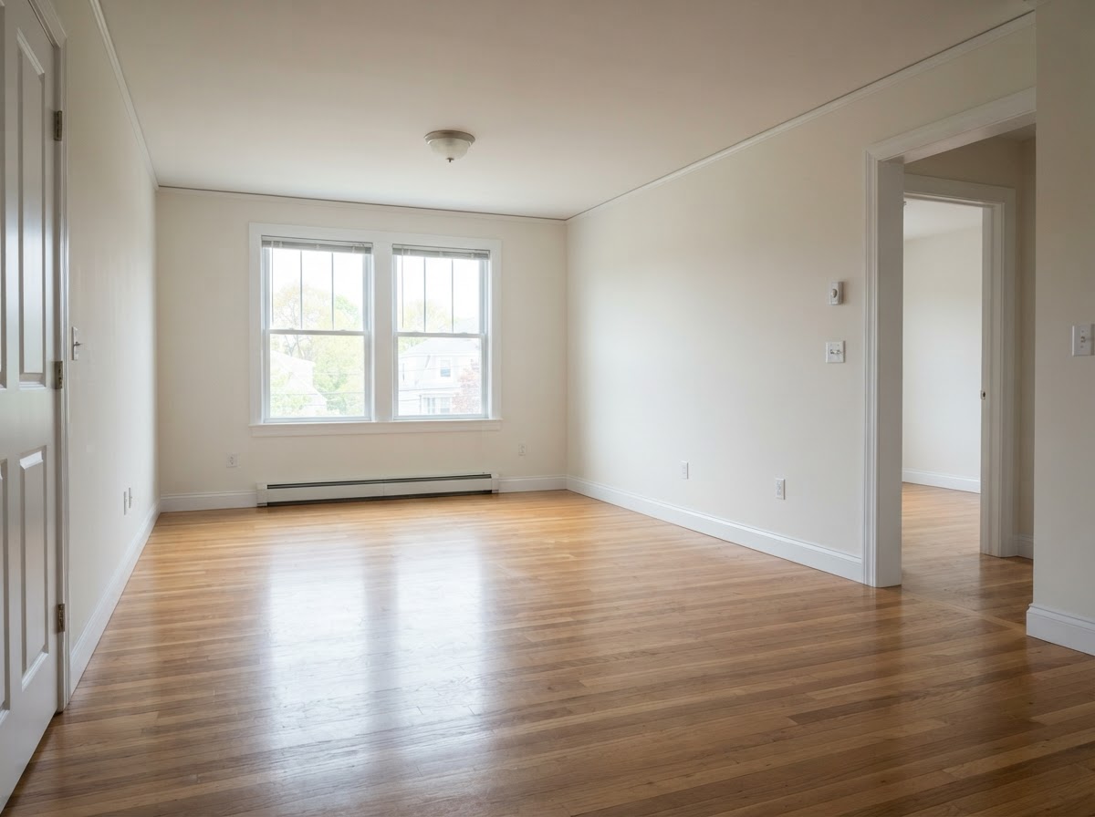 Clean empty residential room with bare floors and natural light at end of occupancy