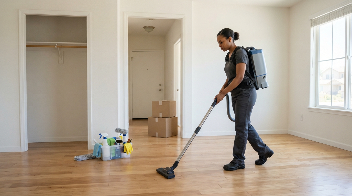 Professional cleaner completing final floor cleaning in a nearly empty home during move-out.