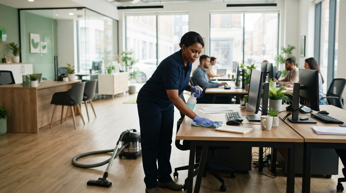 Professional cleaner performing routine cleaning in a modern small-business office.