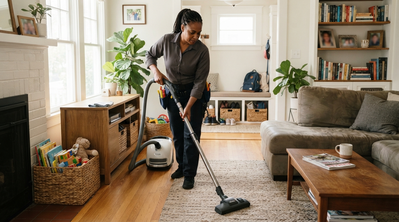 Professional cleaner maintaining a realistic family living room with organized toys and household items.