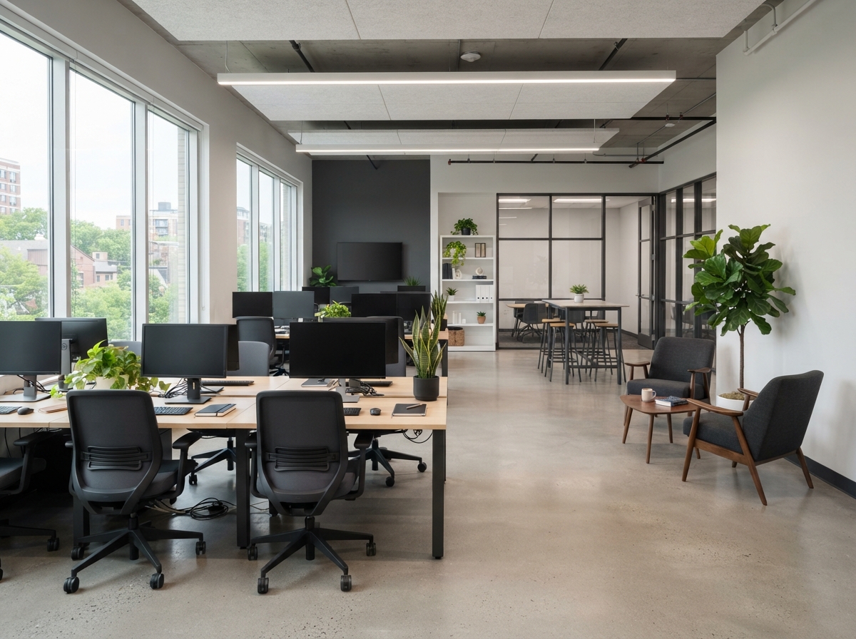 Clean modern office with organized desks and common areas