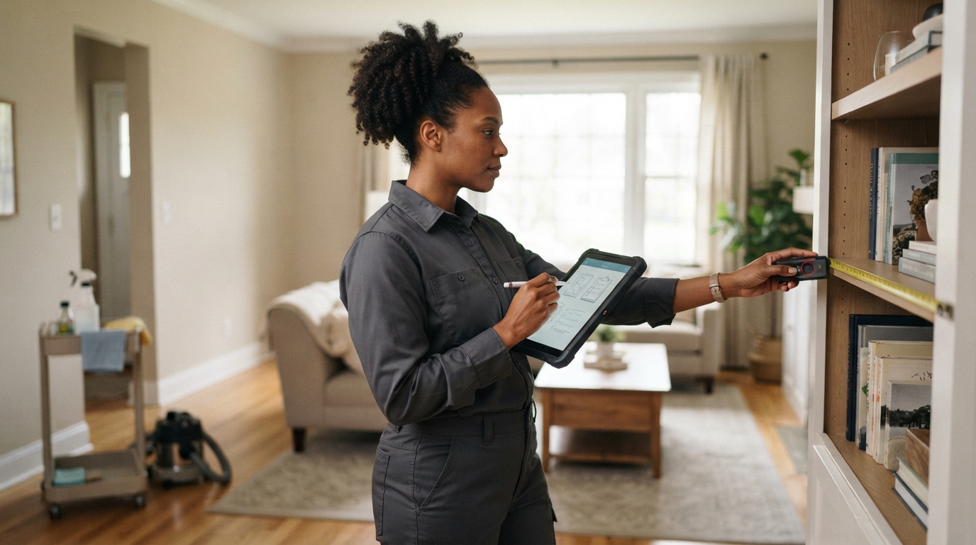 Cleaning professional reviewing a residential space with a tablet and measuring tool for an estimate.