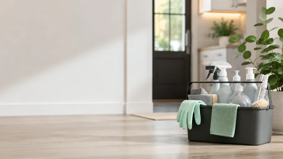 Cleaning supplies organized in a caddy inside a bright home
