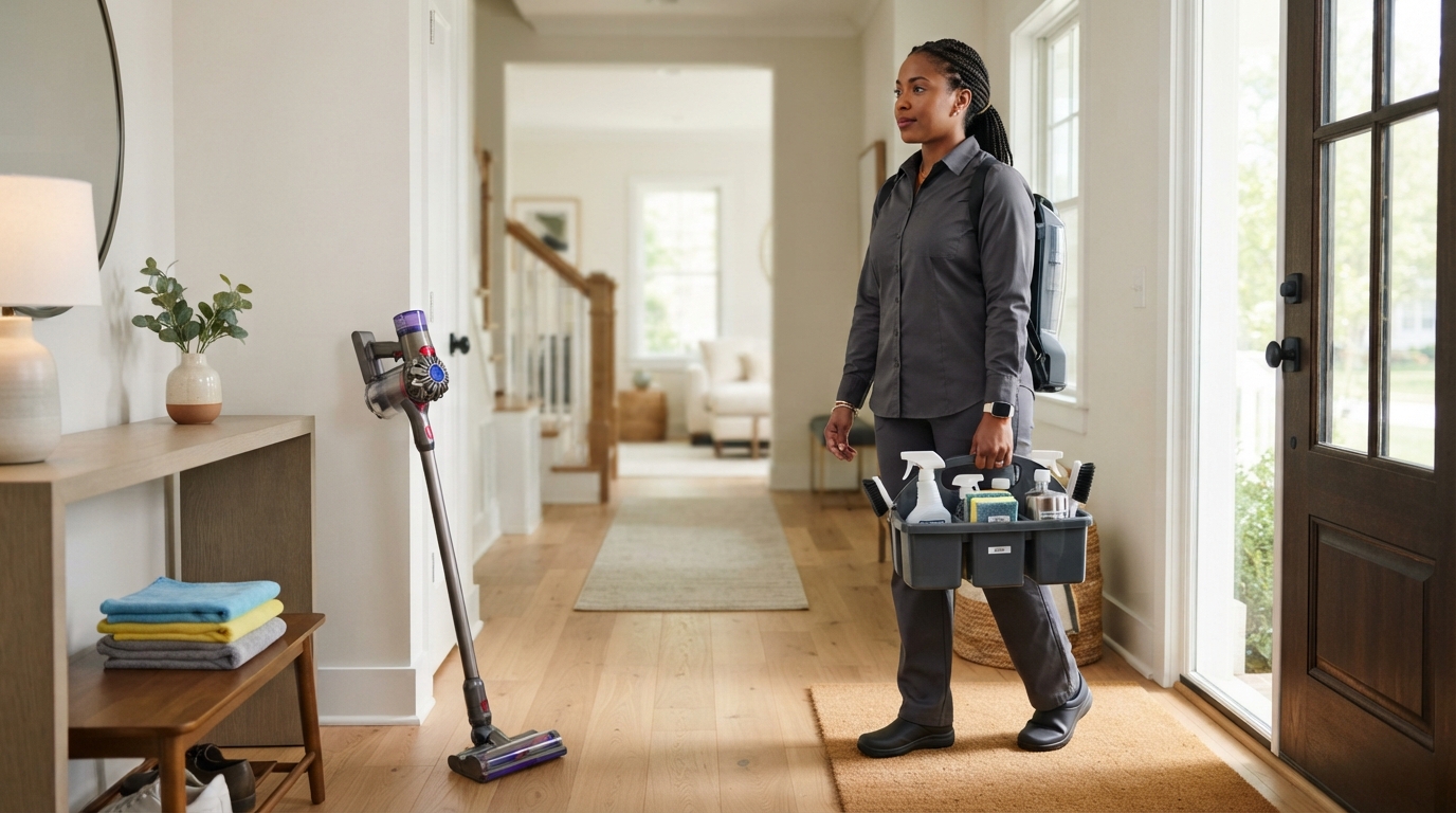 Professional cleaner arriving at a home with organized cleaning equipment before the first cleaning visit.