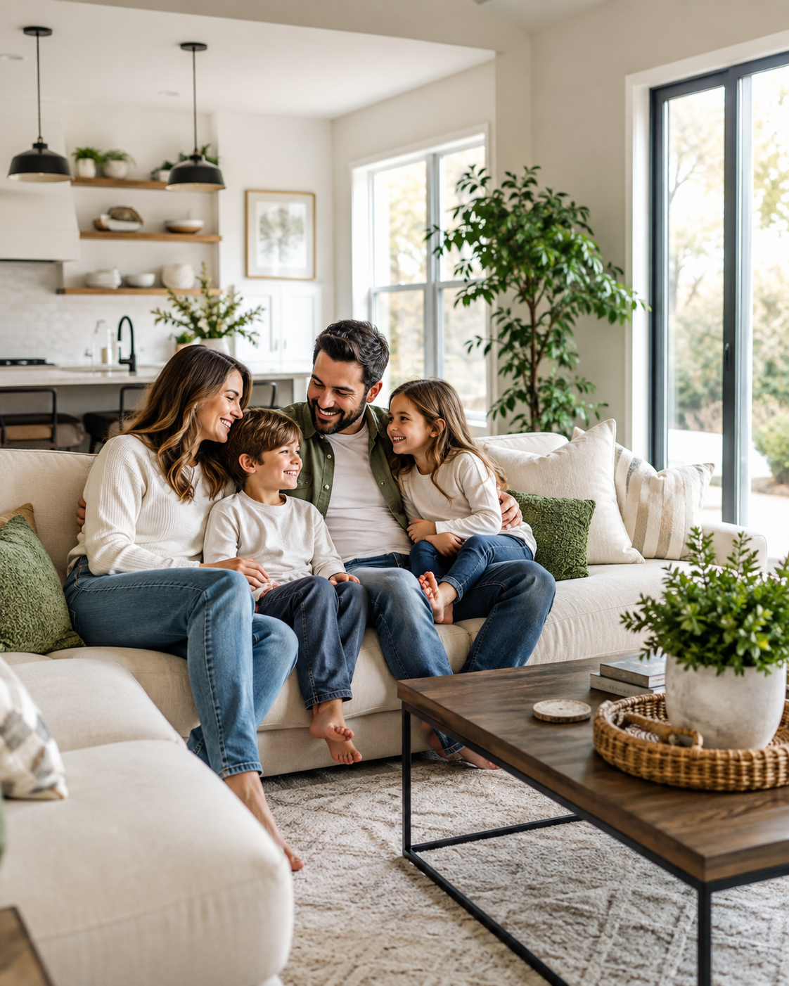 Family spending time together in a bright, organized living room
