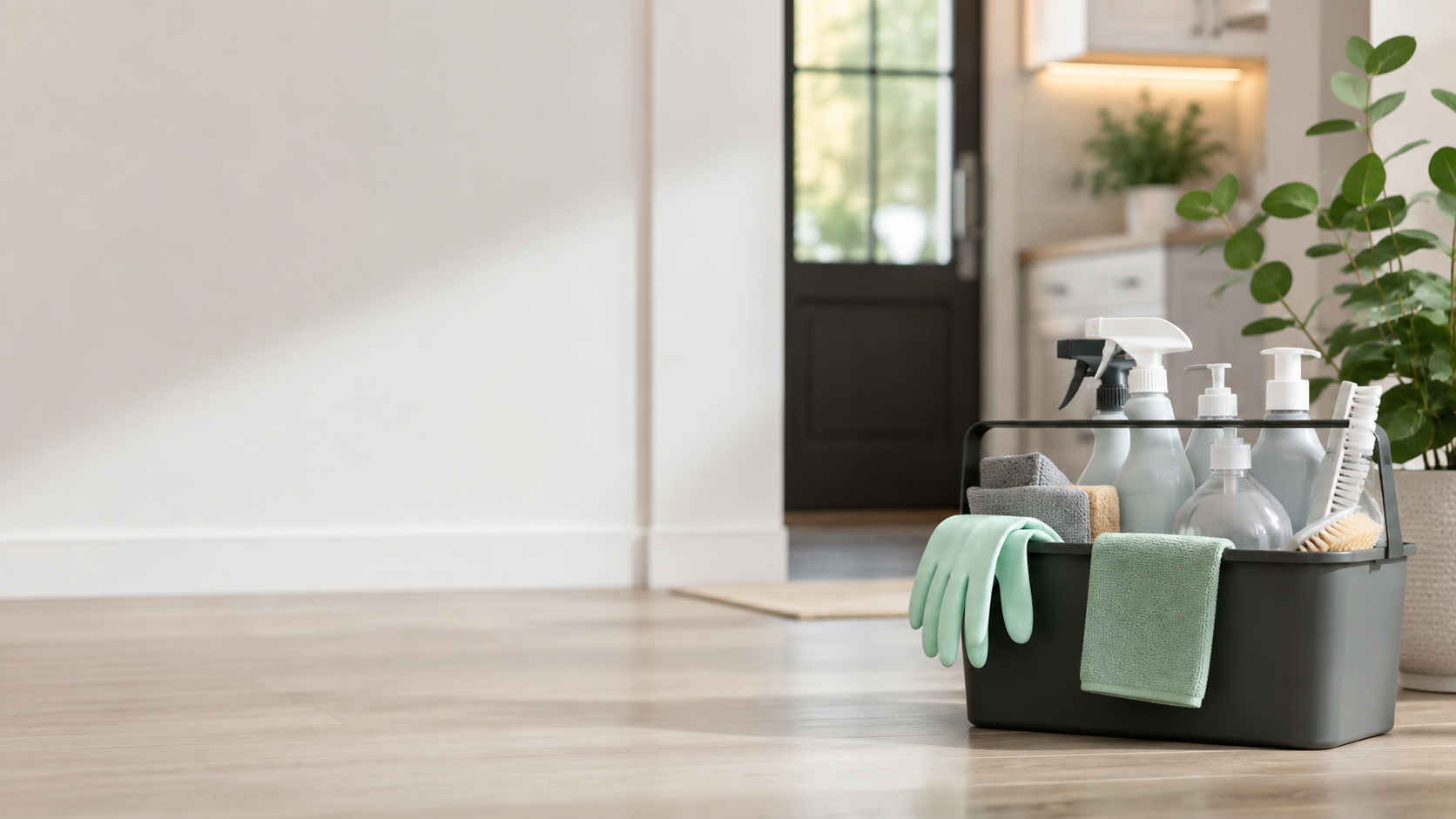 Cleaning supplies organized in a caddy inside a bright home