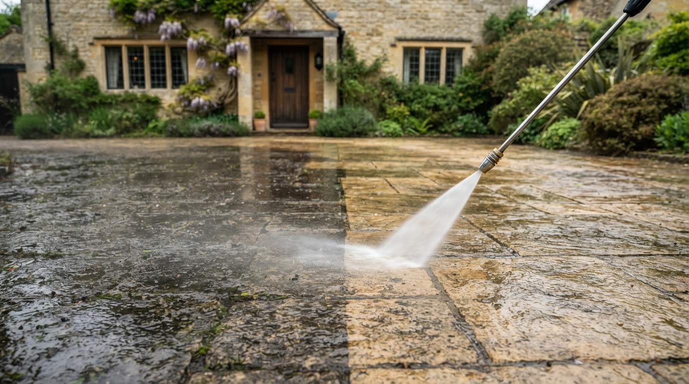 Professional pressure washing cleaning a driveway in Leeds