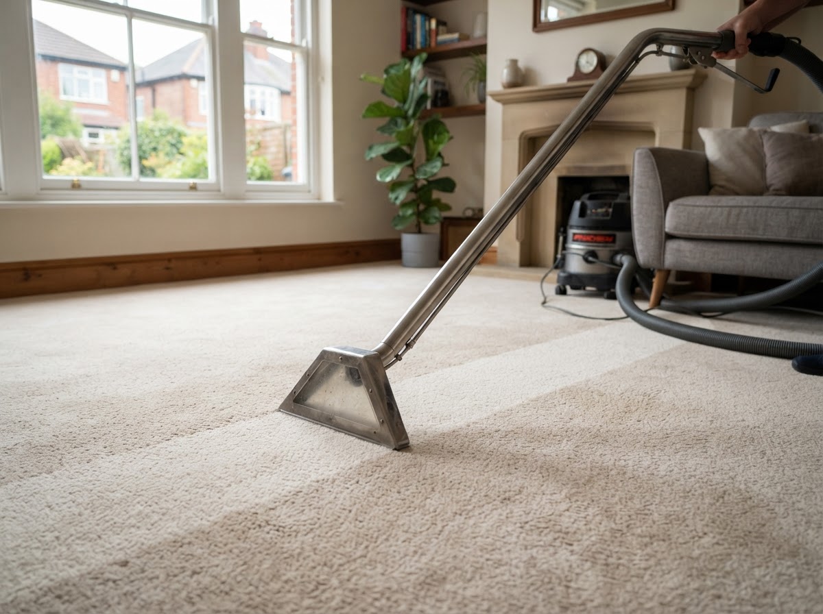 Professional carpet cleaning machine cleaning a living room carpet in a Leeds home