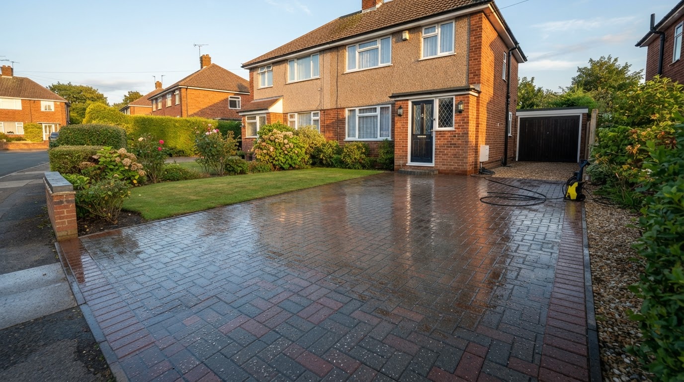 Freshly cleaned block paving driveway at a Leeds home