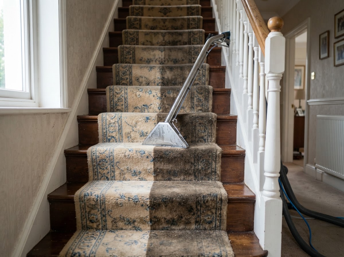 Professional carpet cleaning wand cleaning a stair carpet in a Leeds home