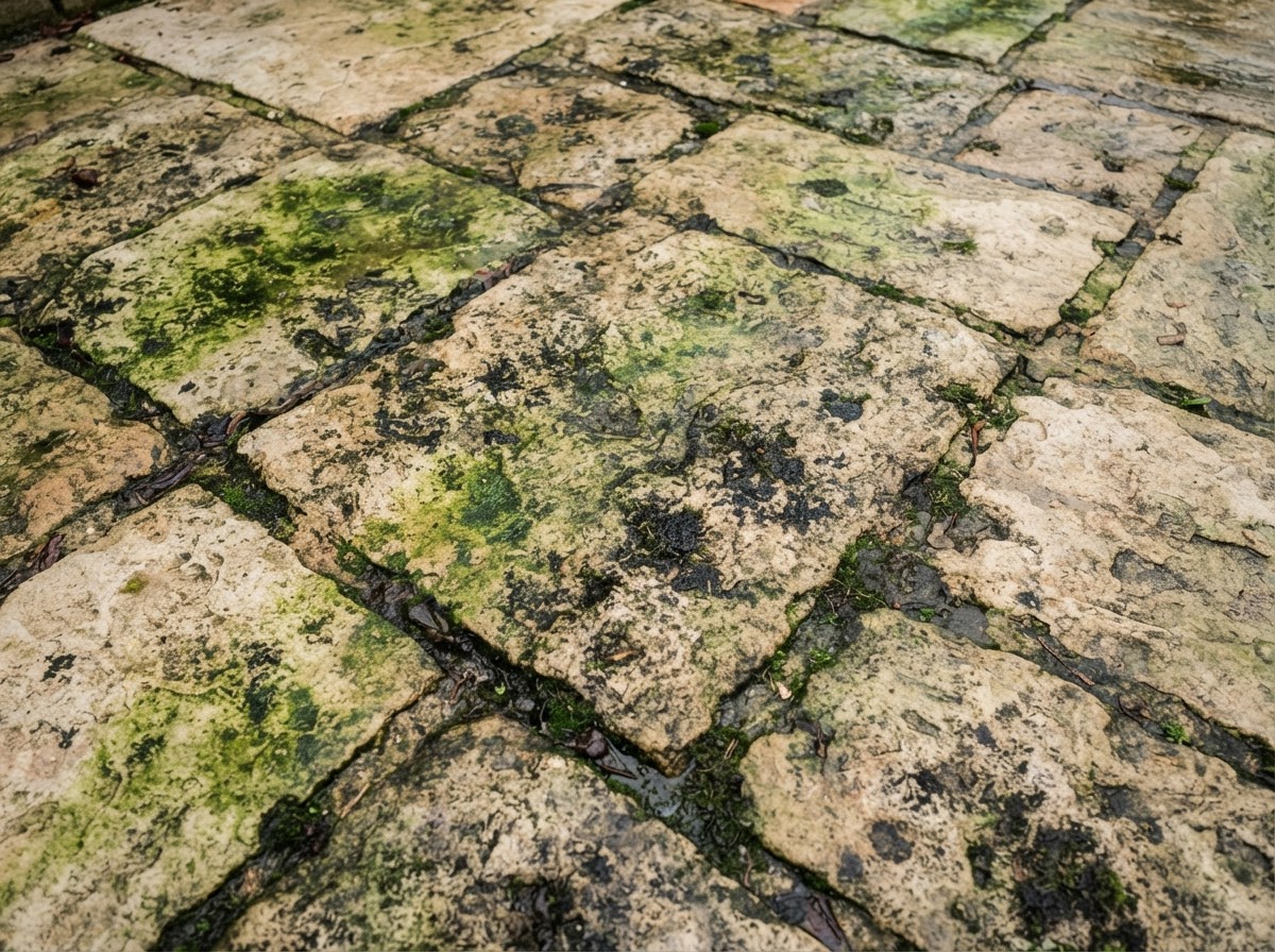 Before — Surface showing built-up dirt, algae, moss and weather staining
