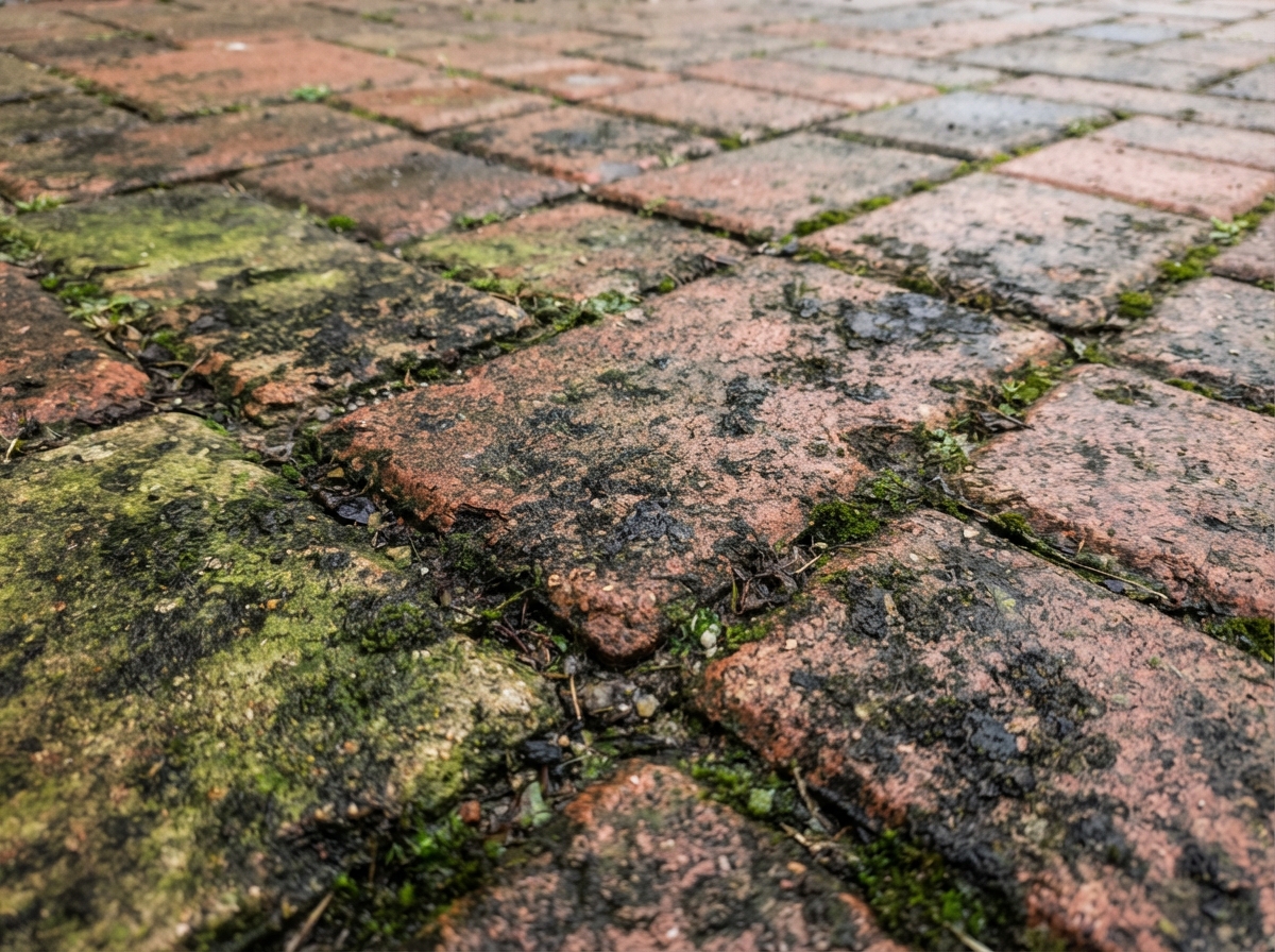 Before — Surface showing built-up dirt, algae, moss and weather staining