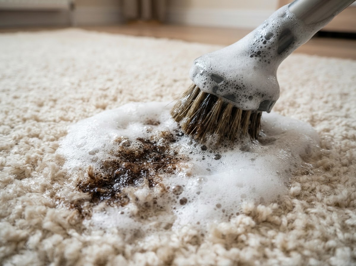 Carpet stain being treated with professional cleaning solution in a Leeds home