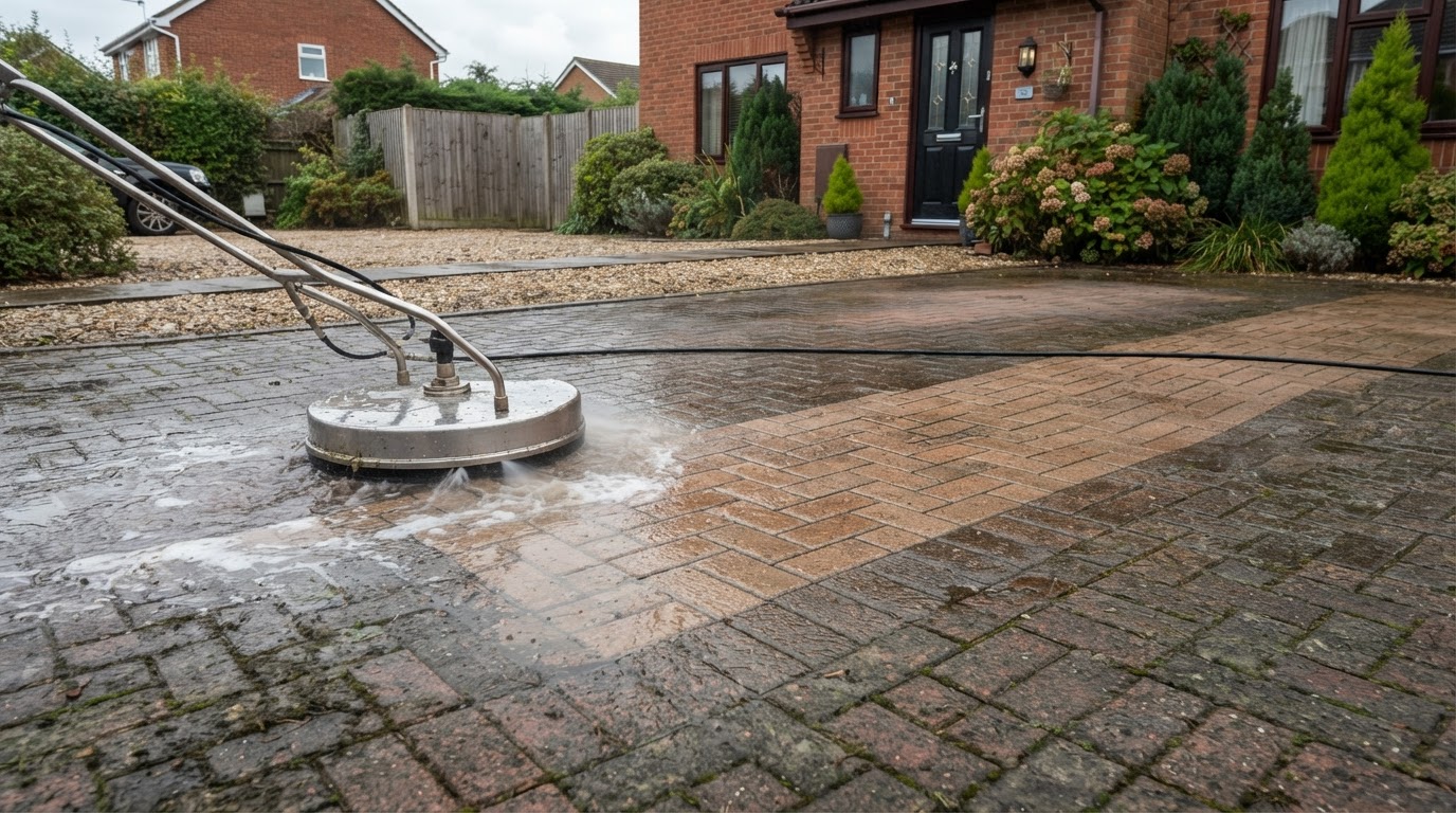 Professional pressure washing surface cleaner in action on a UK driveway