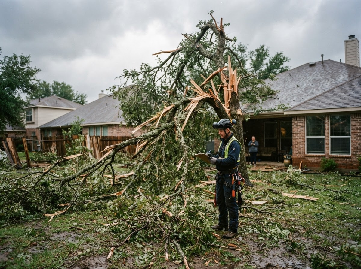 Storm-damaged tree with fallen branches on a Gold Coast property