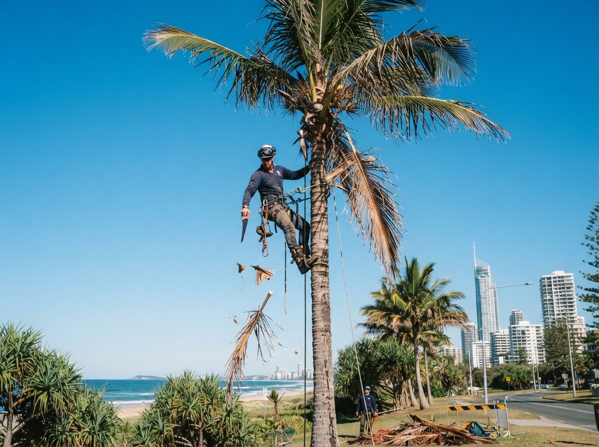 Worker performing palm tree cleaning and frond removal on the Gold Coast